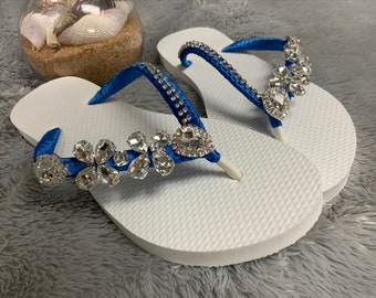 Blue Bridal Flip Flops / Wedding Flip Flops /Bridesmaid sandals / Rhinestone Flip flops / Beach Wedding Flip Flops - Size 6, 7, 8, 9, 10