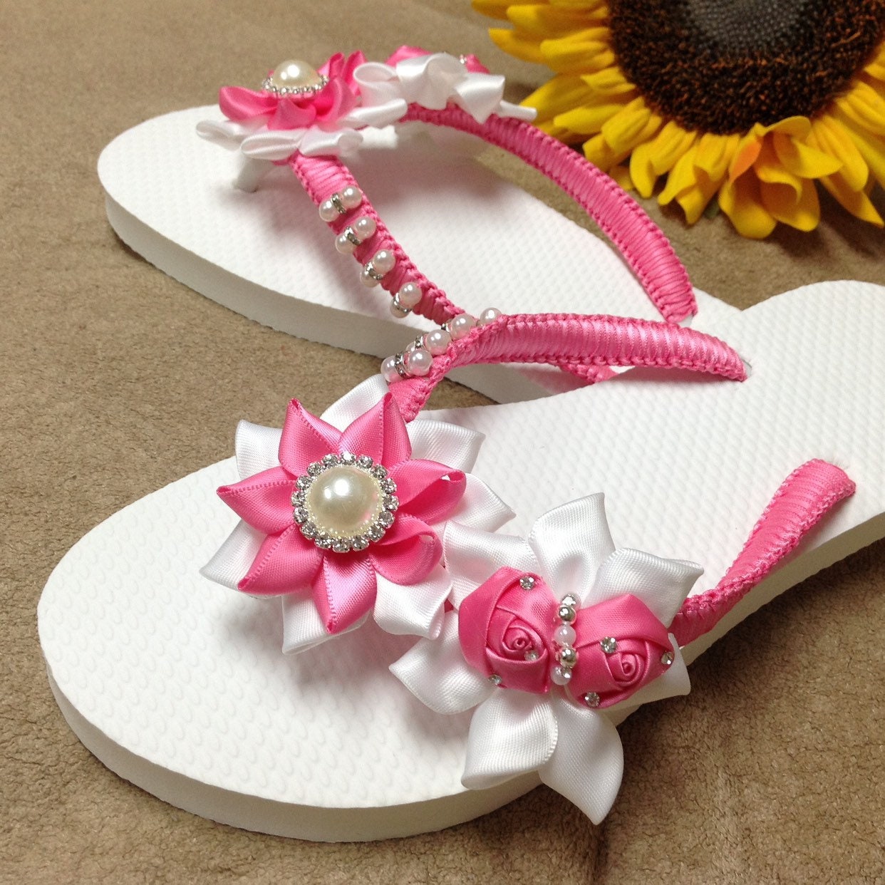 Hot Pink Wedding Flip Flops With White Rolled Flowers/bridal - Etsy