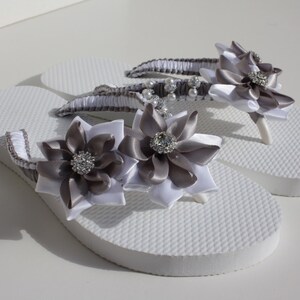 Silver and White Rolled Flowers Flip Flops / Bridal Flip Flops / Wedding Flip Flops / Bridesmaid Slippers - Size 6, 7, 8, 9,