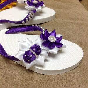 Purple Wedding Flip Flops with White Rolled flowers/Bridal Flip Flops/ Bridesmaids/Beach Wedding Flip Flops - Size 6, 7, 8, 9,