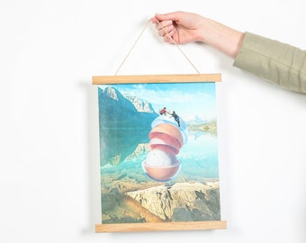 Small wall art print hanger with magnets - Solid wood artwork frame available in different sizes