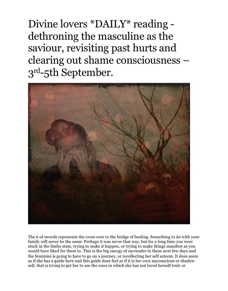 May include: A digital art illustration of a person with their face covered by their hands. The person is surrounded by a dark, shadowy forest with a tree in the background. The image is a representation of the 6 of swords tarot card, which symbolizes a journey of healing and moving forward.