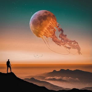 May include: A silhouette of a person standing on a mountaintop, looking up at a large, orange moon-like object shaped like a jellyfish in a starry night sky.