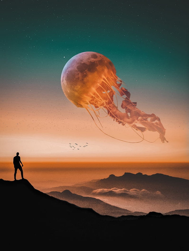 May include: A silhouette of a person standing on a mountaintop, looking up at a large, orange moon-like object shaped like a jellyfish in a starry night sky.