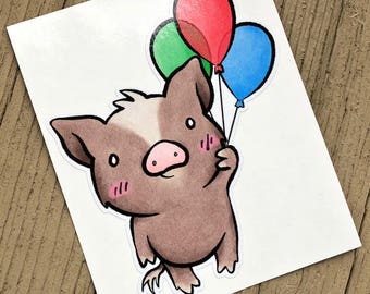 Vinyl Decal Cute Little Pig "Balloons" Piggy Die Cut Art Indoor/Outdoor Chotto Sukoshi Buta Mini Pig Pigxel Art