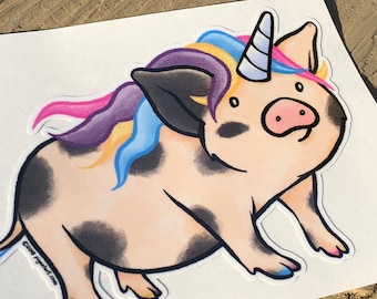 Cute Little Pig "Uni Pig" Piggy Vinyl Die Cut Art Decal Indoor/Outdoor Sukoshi Buta Mini Pig Pigxel Art Unicorn