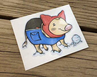 Cute Little Pig "Bundled Up" Piggy Vinyl Die Cut Art Decal Indoor/Outdoor Sukoshi Buta Mini Pig Pigxel Art