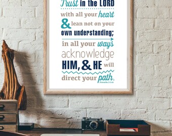 Trust in the Lord with all your heart Sprüche 3: 5-6 digital herunterladbare Wanddekoration Christliche Bibelvers Wandkunst