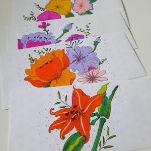 Buste a tema floreale, buste floreali disegnate a mano, buste colorate, mail art, venditori Etsy, buste per venditori, buste uniche