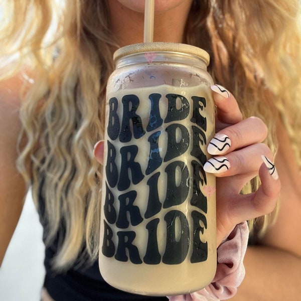 Bride Iced Coffee Cup, Retro Coffee Mug, Beercan Tumbler, Bride Glass Can, Iced Coffee Glass Tumbler, Gift for Bride, Engagement Gift,