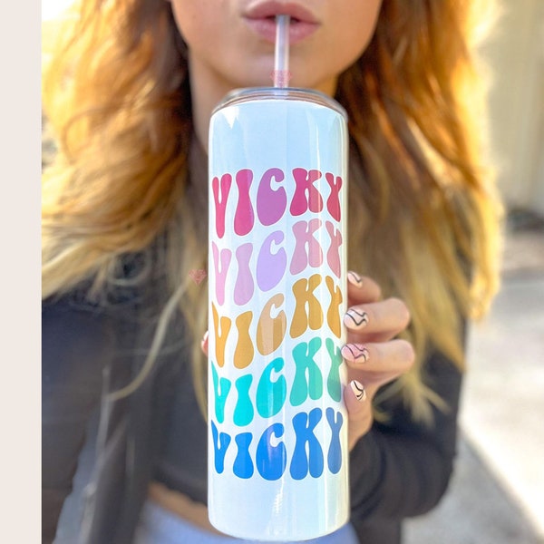 Personalized Retro Tumbler, Custom Groovy Cup, Iced Coffee Tumbler, Best Friend Gift, Teenager Gift, Wavy Text, Gift for Daughter, Christmas