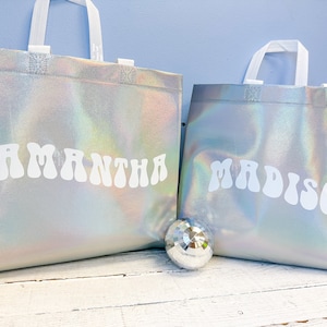 Bridesmaid Gift Bag, Bachelorette Tote, Retro Holographic Gift Bag, Bachelorette Favors, Personalized with Name, Y2K 90s Theme,