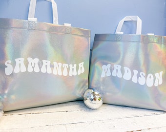 Bridesmaid Gift Bag, Bachelorette Tote, Retro Holographic Gift Bag, Bachelorette Favors, Personalized with Name, Y2K 90s Theme,