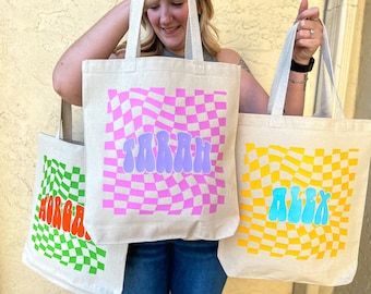 Cute Tote Bag, Tote Bag Aesthetic, Retro Tote, Checker, Personalized Reusable Bag, Y2K, 90s, Gift for Teen, Canvas Tote Bag,
