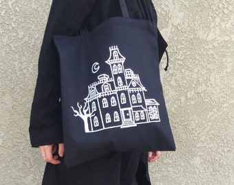 1313 CEMETERY LANE Goth Addams Family Handmade Silkscreened Tote Bag