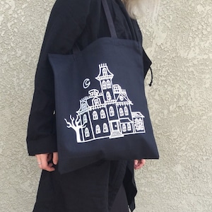 1313 CEMETERY LANE Goth Addams Family Handmade Silkscreened Tote Bag