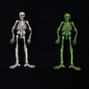 Handmade Vintage Halloween Skeleton Mr.Bones 2" Dangle Glow in the Dark Hard Enamel Lapel Pin