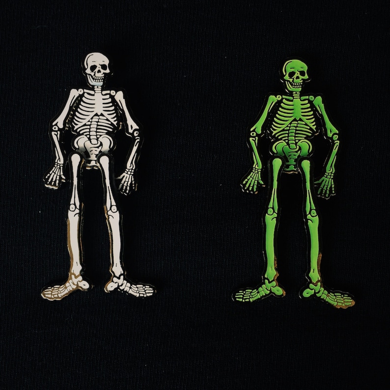 Handmade Vintage Halloween Skeleton Mr.Bones 2 Dangle Glow in the Dark Hard Enamel Lapel Pin image 1