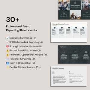 May include: A digital presentation template featuring 30+ professional board reporting slide layouts. The text includes categories like Executive Summaries, KPI Dashboards, Strategic Initiative Updates, Risks, Financial Analysis, and Timelines.