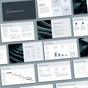 May include: A collection of business presentation slides featuring a dark navy and white color scheme. The slides display data, including a Quarterly Business Review, executive summaries, cost breakdowns, KPI dashboards, and project schedules.