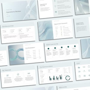 Può includere: Una raccolta di diapositive di presentazione digitali intitolate Operations Review, che mostrano tabelle di dati, metriche di performance, scorecard di reparto, ripartizioni dei costi e un percorso di cura del paziente in tonalità azzurre e bianche.