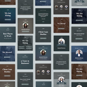 May include: A collection of square social media templates featuring dark blue, gray, and brown color palettes. The designs include text such as We Are Hiring, We Moved, Client Case Studies, and Congratulations, alongside circular headshot placeholders.