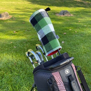 Barrel Style Headcover, Driven, Golfschlägerbezug, grün-schwarz karierter Flanell, handgemacht
