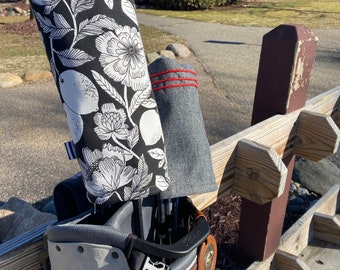 Barrel Style Headcover, Driver, Golf Club Cover, Black and White floral with a unique pop or red, Handmade