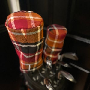 Headcover, barrelstijl, driver, golfclubhoes, oranje en zwart geruite flanel, handgemaakt