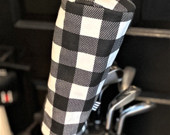 Barrel Style Headcover, Driver, Golf Club Cover, Black and White Check, Handmade