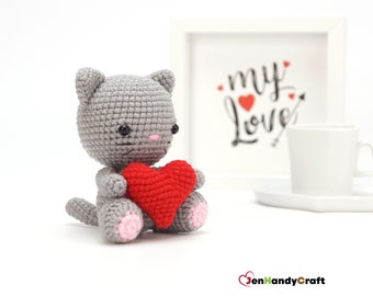 Stuffed cat with heart - Kawaii cat stuffed animal - Valentine's Day gift for girlfriend