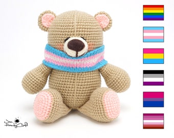 Stuffed teddy bear with LGBT+ Pride flag scarf - Gay, Lesbian, Transgender, Pansexual, Asexual, Bisexual pride gift