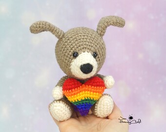 Stuffed dog puppy with rainbow heart - Cute gay Valentines day gift - Rainbow Pride flag, LGBT support