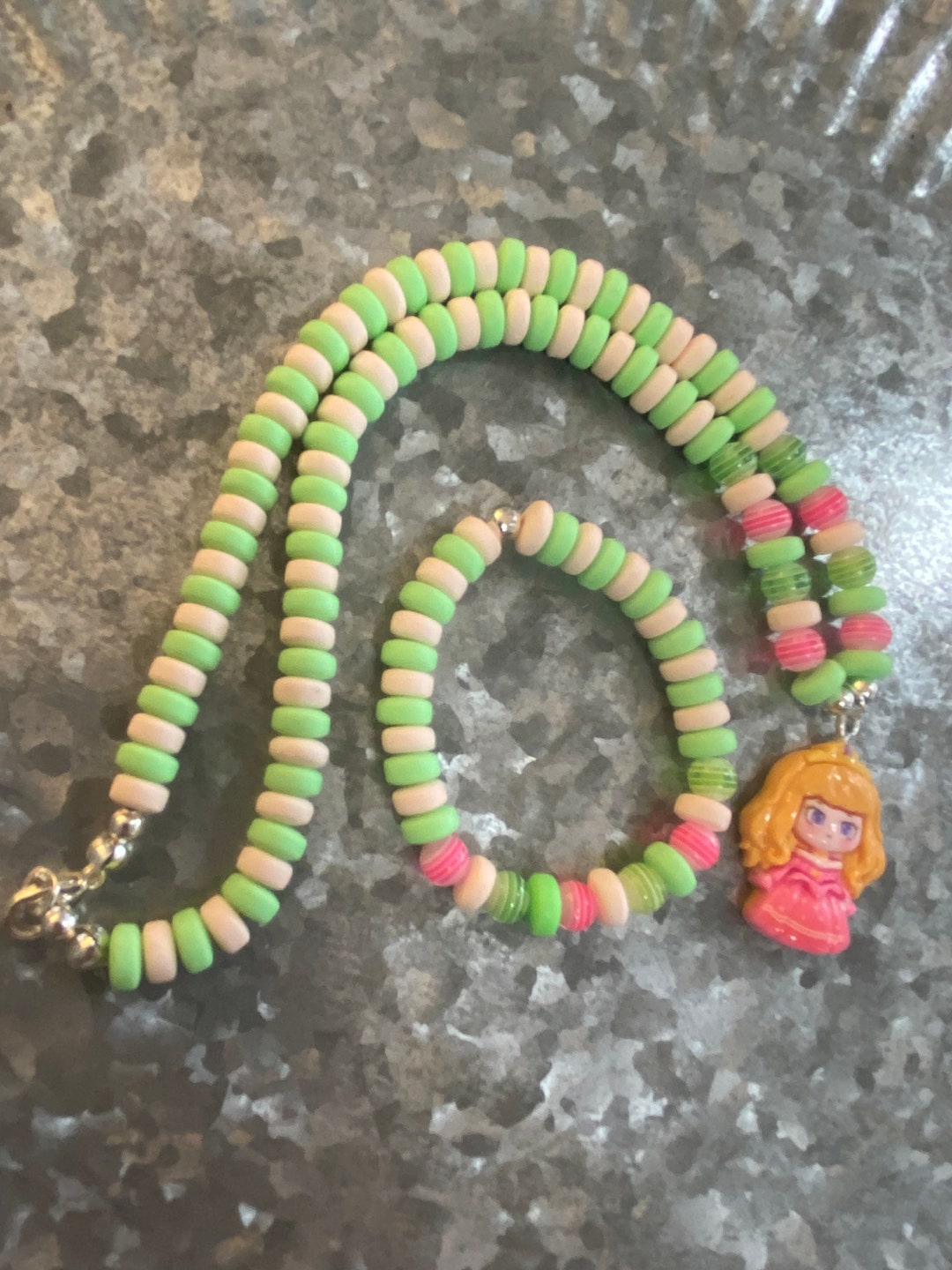 Little Girls Stretch 6mm Heishi Necklace,bracelet Green,white and Pink