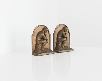 Rare Set of 2 Vintage Rodin Sculpture The Thinker Bookends | Metal Thinking Man Statue Sculpture Bookend | French Rodin Sculpture