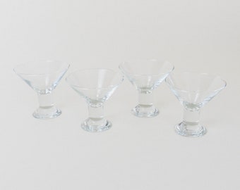 Set of 4 Blown Glass Martini Cups | Vintage Clear Set of Blown Glass Cups | Vintage Glassware Barware