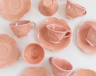 Set of 7 Vintage Metlox Potteries Lotus Poppytrail Ceramic Pink Peach Apricot Coffee Tea Cups with Saucer