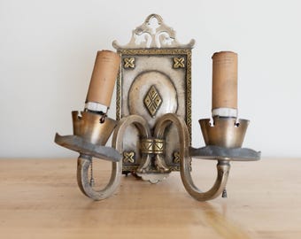 Antique Brass Double-Arm Wall Sconce | Arts & Crafts Gothic Revival Style