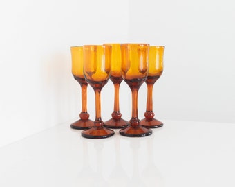 Set of 5 Vintage Amber Hand Blown Glass Goblets | Organic Blown Glass Cups | Vintage Glassware Barware