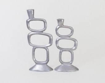 Set of 2 Tall Vintage Aluminum Circle Candlesticks by Matthew Hilton | England 1980