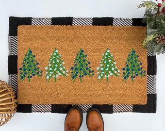 Winter tree coir doormat, colorful boho decor for your front porch entry, unique and custom welcome mat for your home