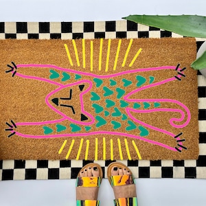 Mystic leopard coir doormat, colorful boho decor for your front porch entry, unique and custom welcome mat for your home