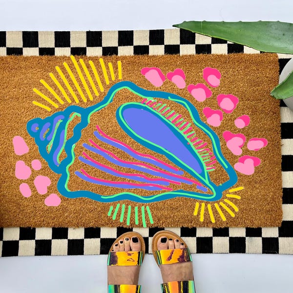 Shell Coir Doormat, colorful boho beach welcome mat, coastal nautical front porch decor