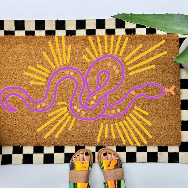 Mystic snake coir doormat, colorful boho decor for your front porch entry, unique and custom welcome mat for your home