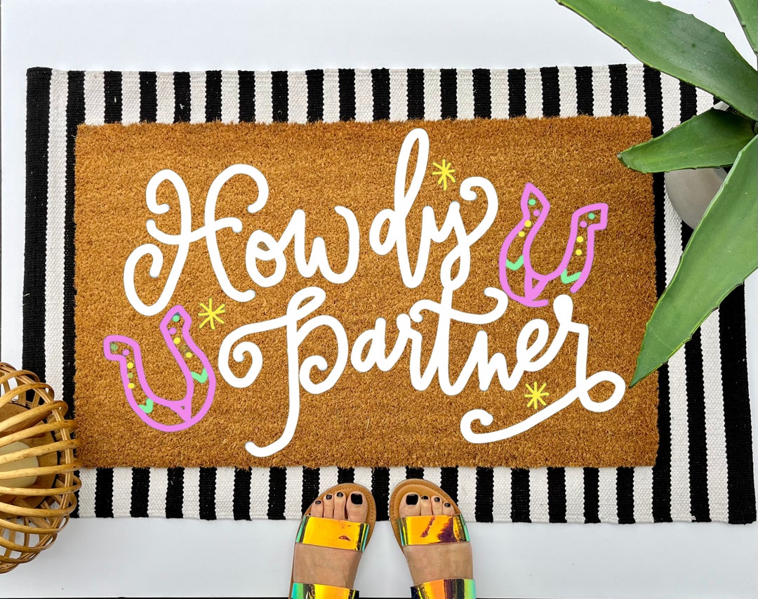 Western Howdy Partner Coir Doormat, Colorful Boho Decor for Your Front ...