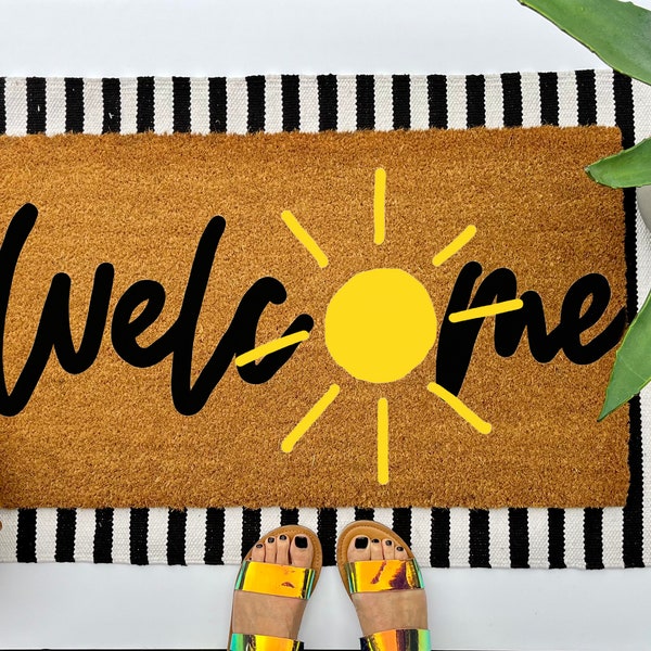 Sunny Welcome coir doormat, colorful boho decor for your front porch entry, unique and custom welcome mat for your home