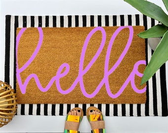 Hello coir doormat, colorful boho decor for your front porch entry, unique and custom welcome mat for your home