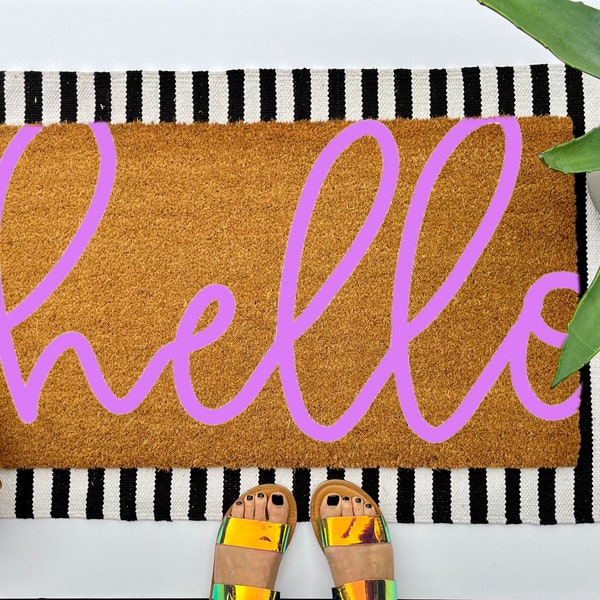 Hello coir doormat, colorful boho decor for your front porch entry, unique and custom welcome mat for your home