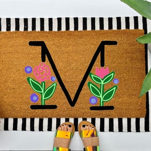 Floral Monogram coir doormat, colorful boho decor for your front porch entry, unique and custom welcome mat for your home
