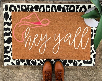 Hey y'all doormat, doormat, personalized doormat, welcome mat, housewarming gift, boho decor, wedding gift, howdy, cowgirl, cowgirl hat